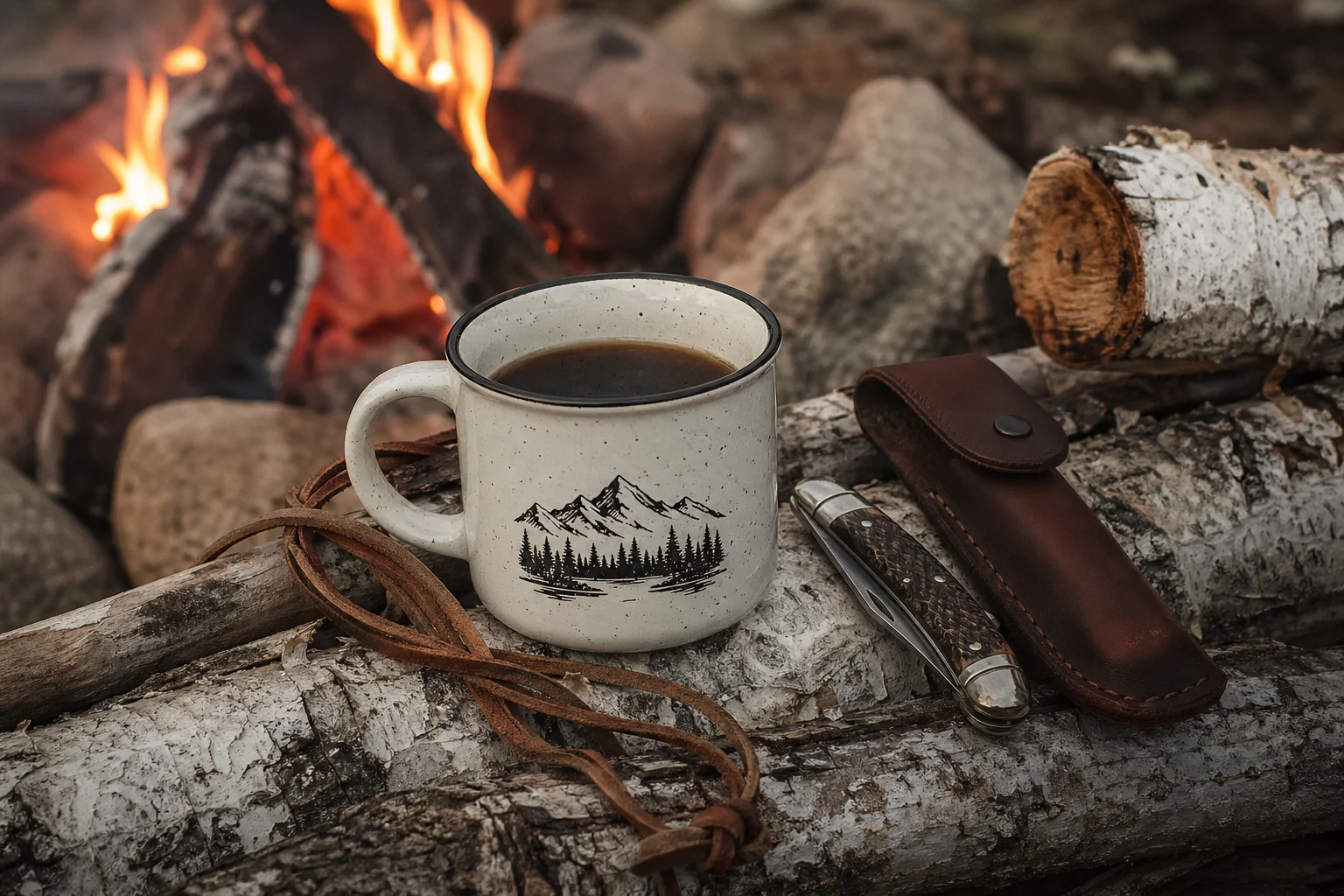 Tasse émaillée et feu de camp