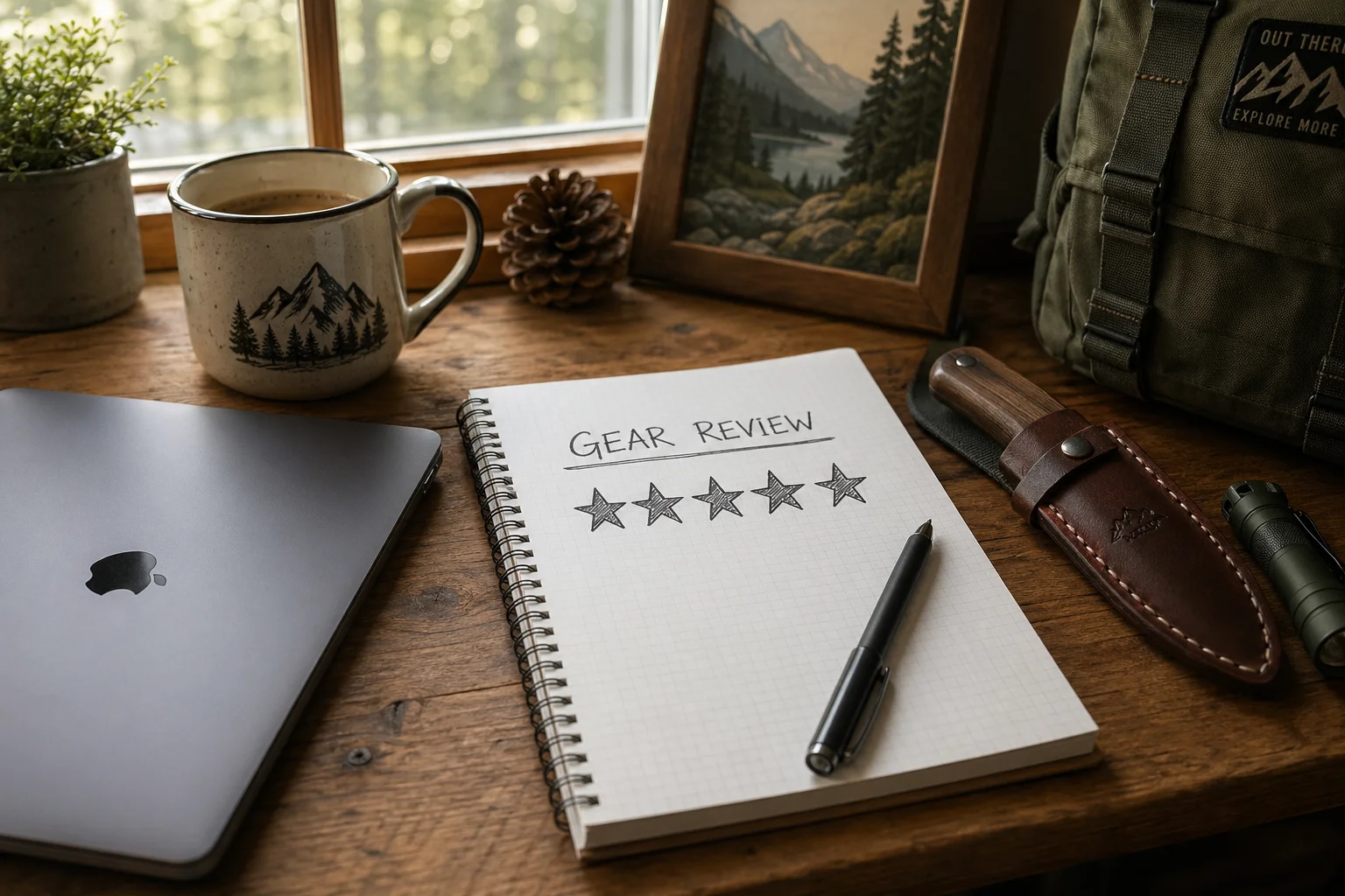 Page avis utilisateurs : carnet ouvert, tasse et petit matériel de randonnée posés sur une table