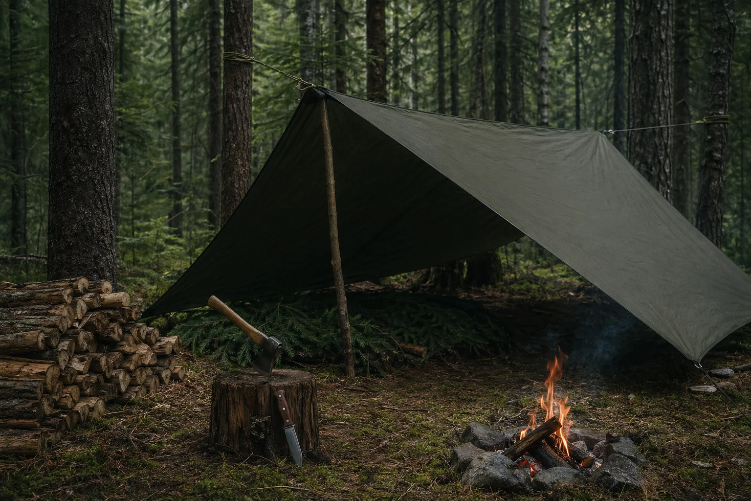Guide bushcraft nordique : forêt dense avec abri tarp et ambiance feu de camp, bannière d’article