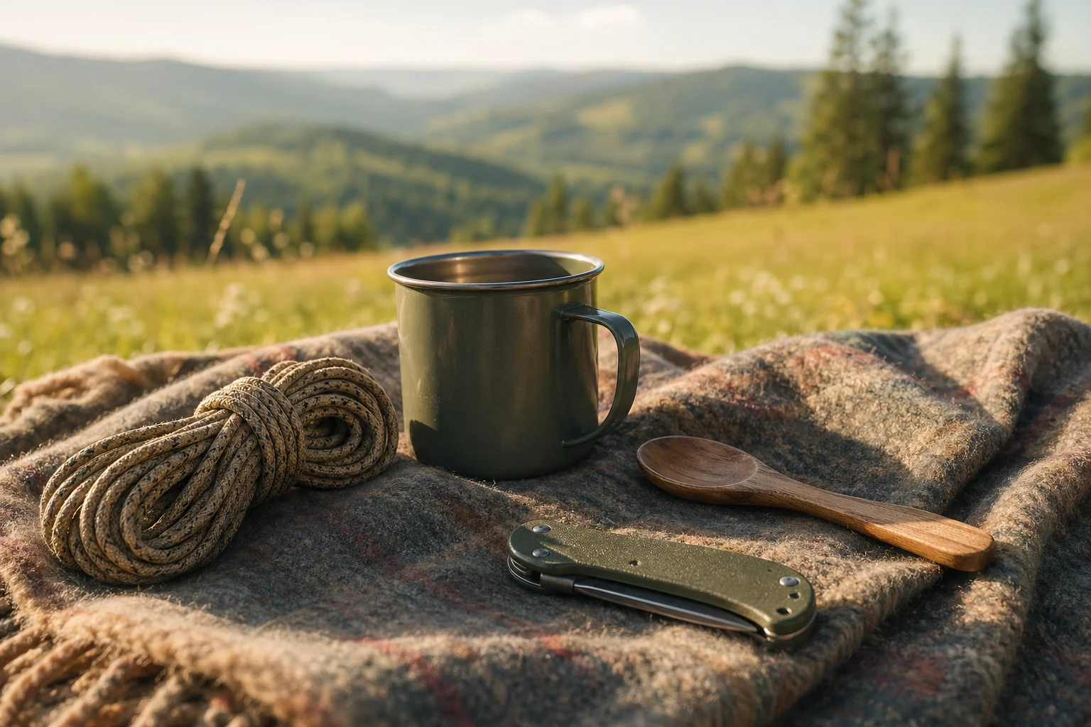 Comparatif des meilleurs moras : plaid, carnet et petits ustensiles de bivouac disposés ensemble