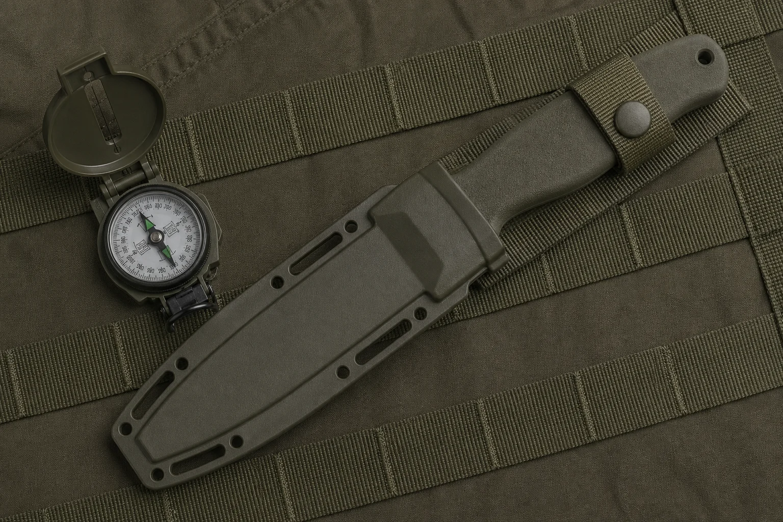 Ligne militaire / terrain : couteau kaki sur sangle avec petit matériel de navigation, bannière d’article